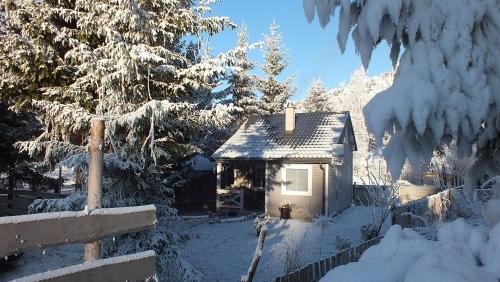 a small house covered in snow in a yard at Domki w Dolinie Wieżycy in Szymbark