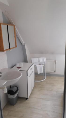 La salle de bains est pourvue d'un lavabo et de toilettes. dans l'établissement Le Brillet-Pontin, à Port-Brillet
