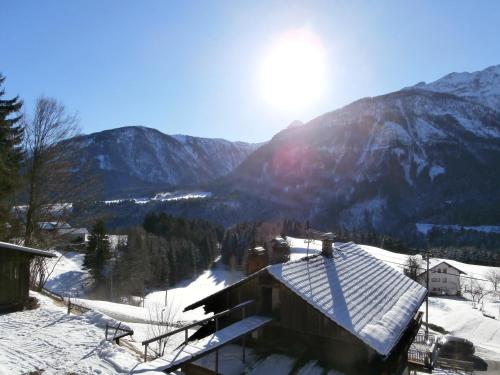 a house in the snow with mountains in the background at Haus Nannerl in Sankt Jakob im Lesachthale