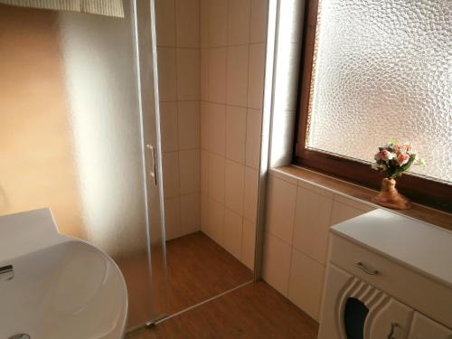 a bathroom with a toilet and a sink and a window at Haus Nannerl in Sankt Jakob im Lesachthale