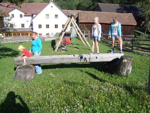 a group of children standing on top of a log at Einkehrhof Poggau in Reinsberg
