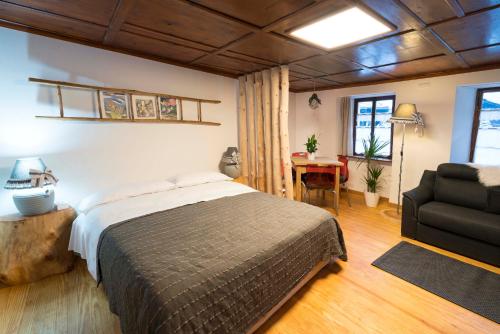 グレッソネイ・サイント・ジェアンにあるGressoney MiniSuiteのベッドルーム1室(ベッド1台、椅子、テーブル付)