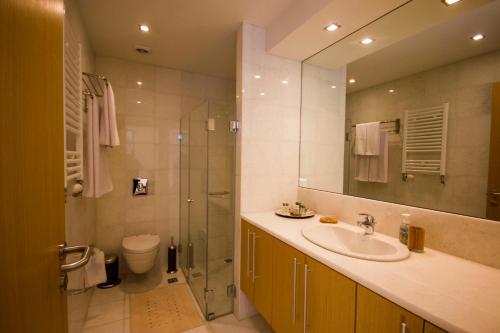 a bathroom with a sink and a shower and a toilet at Borovets Chalets in Borovets