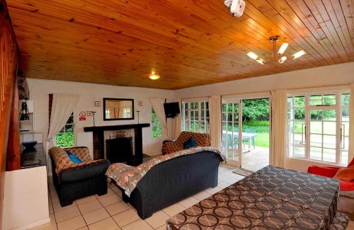 Pennygum Country Cottages في أندربرغ: غرفة معيشة مع أريكة ومدفأة