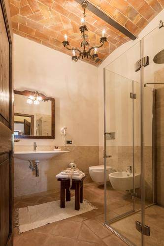 a bathroom with a glass shower and a sink at Agriturismo Poggio Istiano in Bagno Vignoni