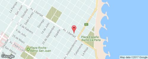 a map of the park with a red marker at Hotel Perla Central in Mar del Plata