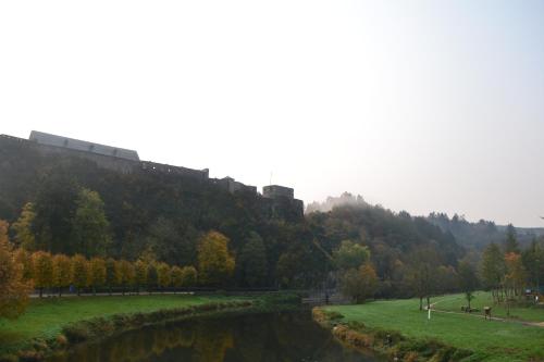a view of a river with a castle on a hill at Maison D'ide in Bouillon