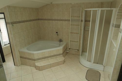 een grote badkamer met een bad en een douche bij Apartmány Šedek in Roprachtice