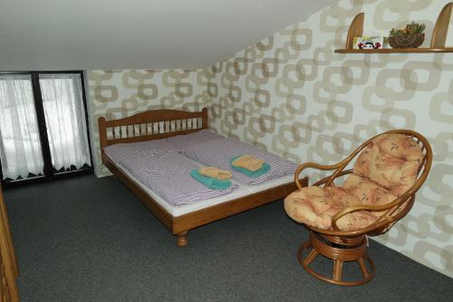 Cette chambre comprend un petit lit et une chaise. dans l'établissement Apartmány Šedek, à Roprachtice