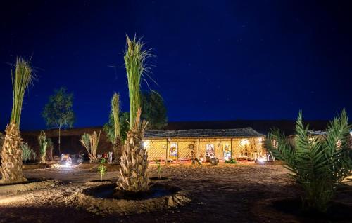 a building with palm trees in front of it at night at Ali & Sara's Desert Palace in Merzouga