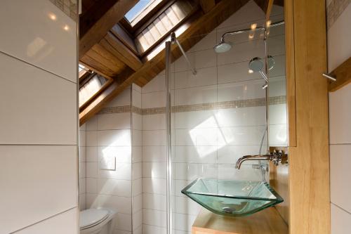 パリにあるレジデンス デュ リヨン ド ルーヴルのバスルーム(ガラスの洗面台、トイレ付)