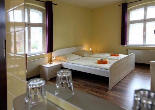 um quarto com uma cama e duas janelas em Alte Schule Schnackenburg em Schnackenburg
