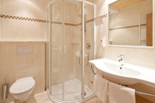 a bathroom with a shower and a toilet and a sink at Brunnerhof Klausen-Chiusa in Chiusa