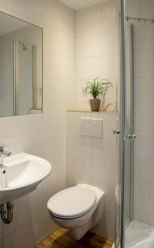 a white bathroom with a toilet and a sink at Landgasthaus Hoffmann in Kruchten