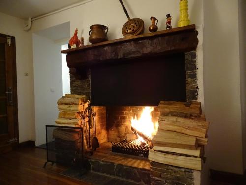 una chimenea con una pila de libros en una habitación en Apartamento Dúplex Llivia, en Llivia