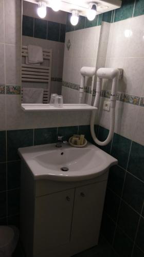 a bathroom with a sink and a mirror at Logis de L'Europe Restaurant Le Cepage in Corbigny