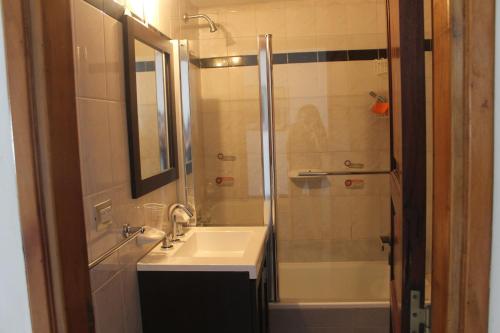 a bathroom with a sink and a shower at Posta Del Cocodrilo in Pinamar