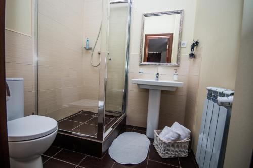 a bathroom with a shower and a toilet and a sink at Mini Hotel Ryleev in Kharkiv