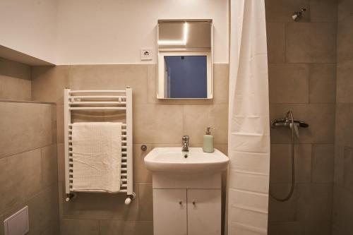 een kleine badkamer met een wastafel en een spiegel bij HILD-2 Apartments | Budapest in Boedapest