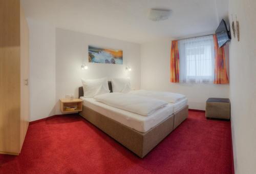ヒパッハにあるMichael Stecherのベッドルーム1室(赤いカーペット敷きの大型ベッド1台付)