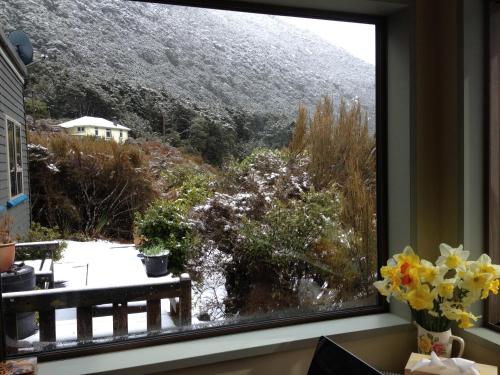 a window with a view of a mountain view at The Nook in Arthur's Pass