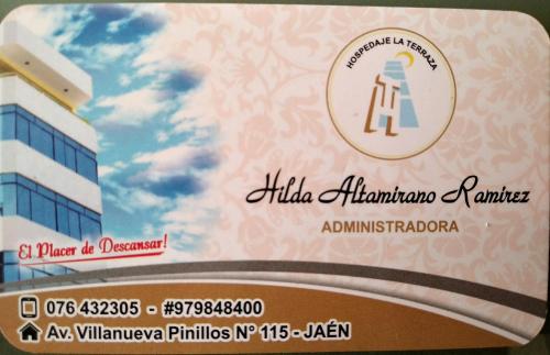 a sign for the alida albuquerqueennaenna building at Hospedaje La Terraza in Jaén