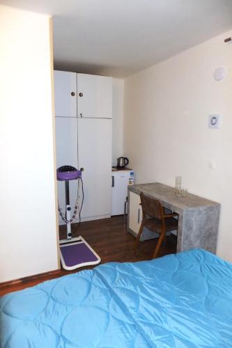 ein Schlafzimmer mit einem Bett, einem Schreibtisch und einem Tisch in der Unterkunft Rezidence Jiskra in Brandýs nad Labem-Stará Boleslav