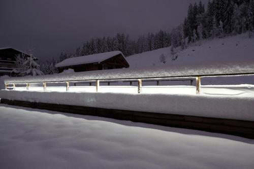 a building covered in snow next to a body of water at Hôtel La Grande Lanière in Les Gets
