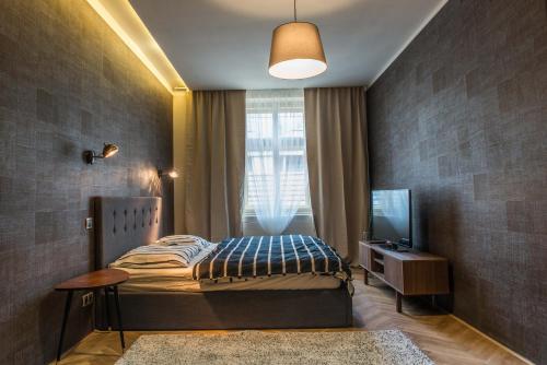 プラハにあるExclusive 3 Bedroom Top-Notch Flat, GREAT LOCATIONのベッドルーム(ベッド1台、テレビ、窓付)