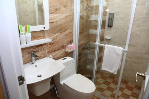 a bathroom with a toilet and a sink and a shower at 500Km Home in Hualien City