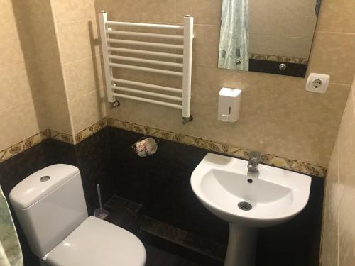 a bathroom with a white toilet and a sink at Domino in Berehove