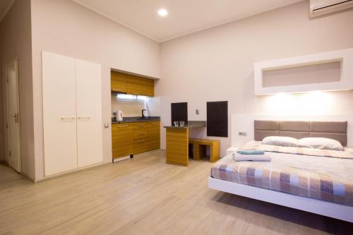 a large bedroom with a bed and a kitchen at Pushkinskaya Apartments in Kharkiv