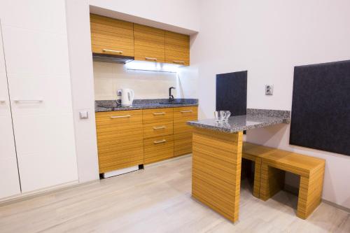 a kitchen with wooden cabinets and a counter top at Pushkinskaya Apartments in Kharkiv