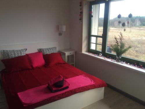 a bedroom with a bed with red sheets and a window at Chamedafne w Puszczy Kampinoskiej in Brochów