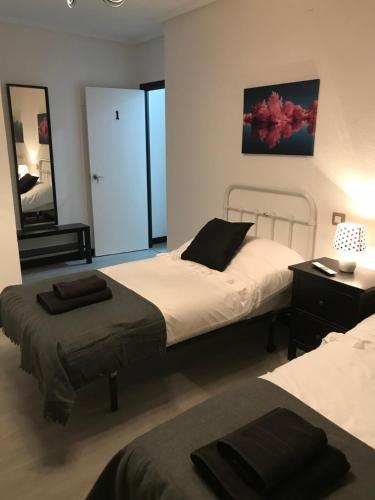 a bedroom with two beds and a mirror at Alojamiento El Cantal in Santoña