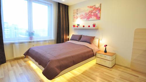 Un dormitorio con una cama grande y una ventana en Apartment Evia Nord, en San Petersburgo