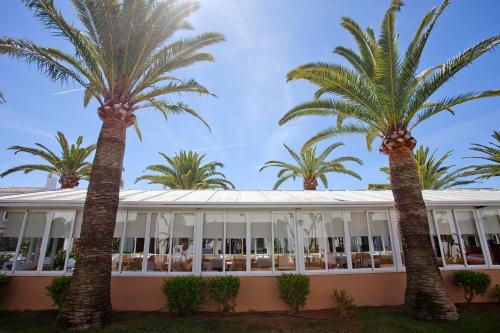un edificio con delle palme di fronte di Apartamentos Cristina a Cala Millor