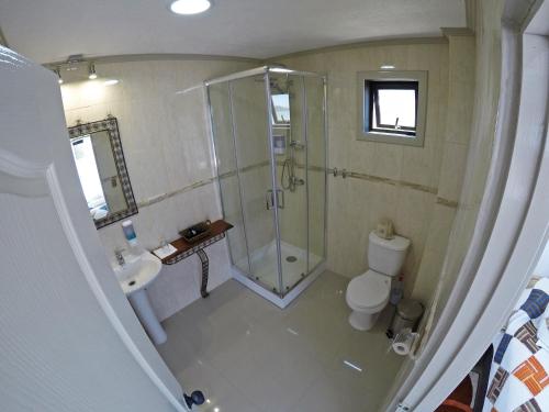 a bathroom with a shower and a toilet and a sink at Casa Hotel Trocha Angosta in Constitución