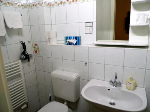 a bathroom with a white toilet and a sink at Strandnest Büsum in Büsum