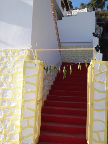 a stairway with a red carpet and green plants at Aqua De Vida in Bhowāli