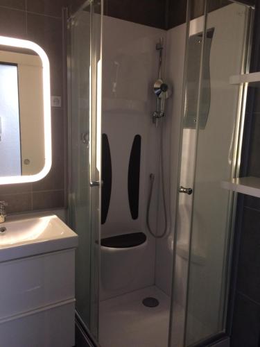 a bathroom with a shower and a sink at Résidence les dromadaires in Gruissan