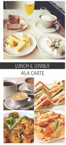 a collage of plates of food and drinks on a table at Carlton Tower Hotel Lahore in Lahore
