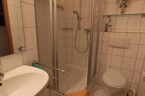 a bathroom with a shower and a toilet and a sink at Residenz Albatros in Cuxhaven