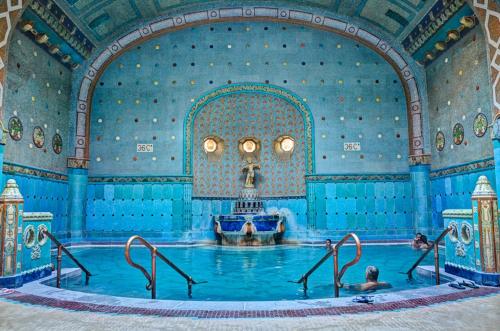a swimming pool in a palace with people in the water at Christoph's Central Apartment in Budapest