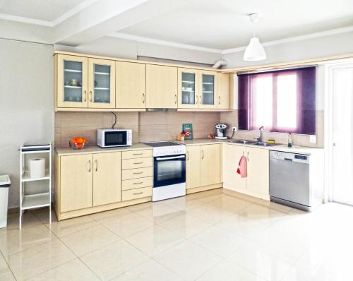 una cocina con armarios y electrodomésticos de madera en Villa Nafplio, en Nauplia