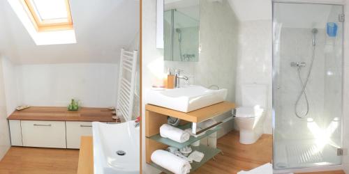 a bathroom with a sink and a shower and a toilet at B&B Villa Vale Flores in Viana do Castelo