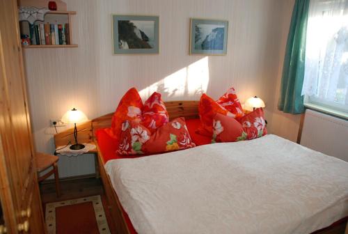 a bedroom with a bed with red pillows at Ferienwohnung in Thiessow auf der in Thiessow