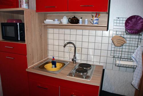 una piccola cucina con lavandino e piano cottura di Ferienwohnung in Thiessow auf der a Thiessow