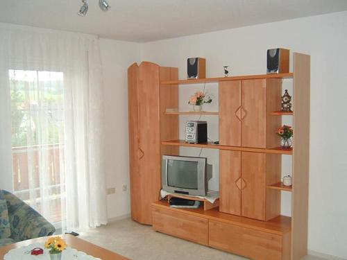 a living room with a wooden entertainment center with a tv at Pension Beer in Mähring