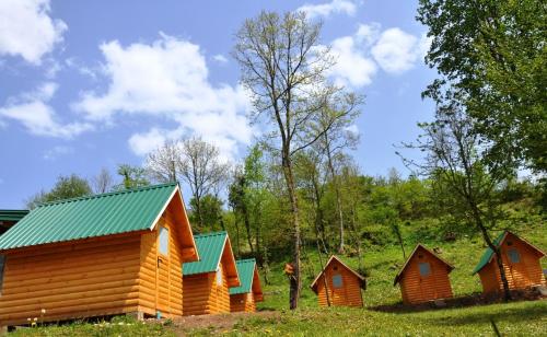 a row of wooden cabins in a forest at Rafting Tara Camp Highlander in Bastasi